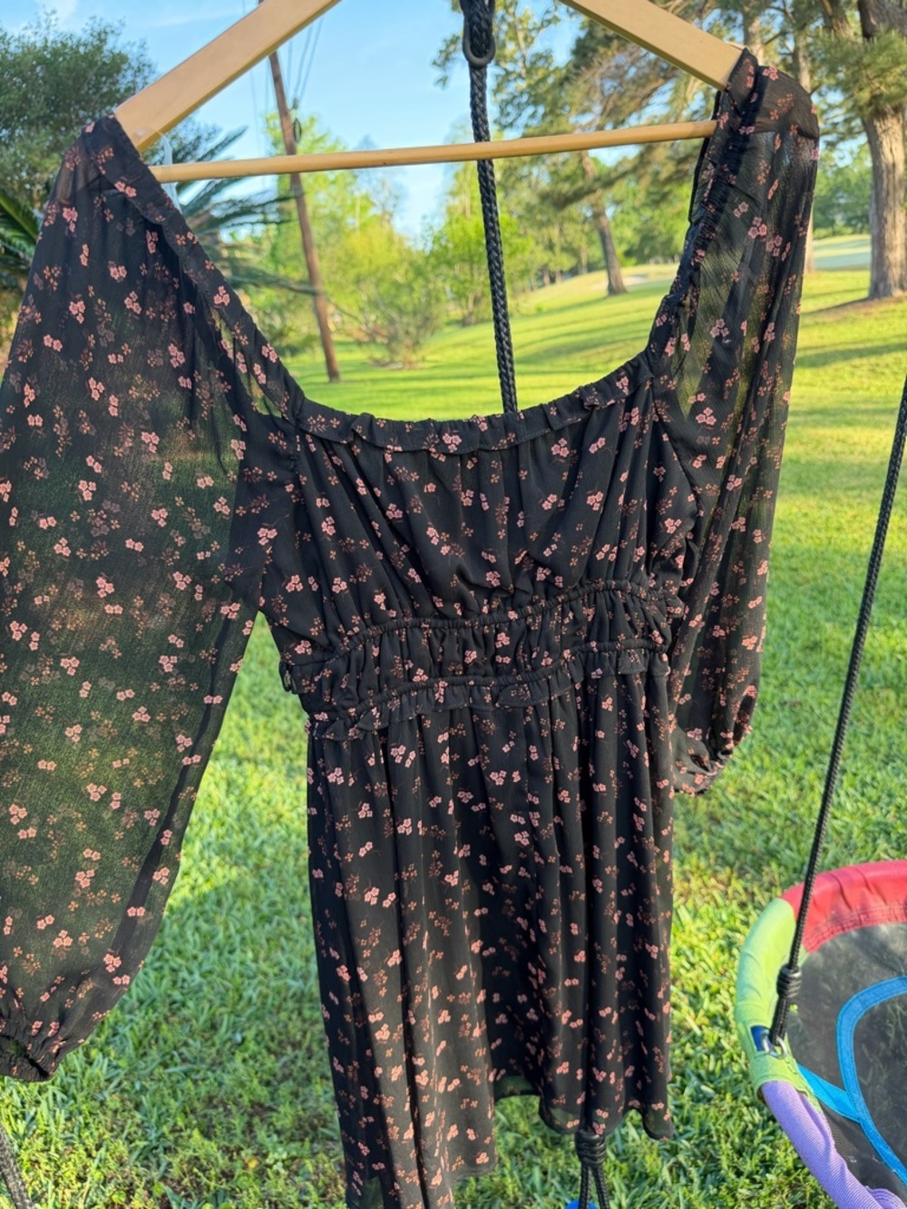 Lush Black Floral Mini Dress NWT Long Sleeve Ruffle Boho Babydoll Small - Picture 8 of 8